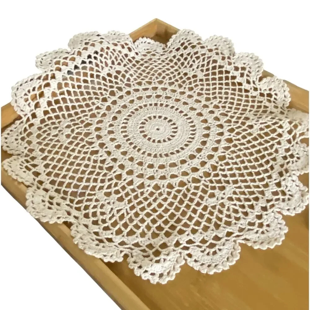 Vintage Handmade Crochet Doilies Set of 2 Ecru Cotton Round Lace Table